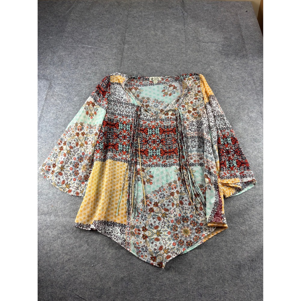 Unity World Wear Womens XL Patchwork Boho Bell Peasant Blouse Hippie Sheer Y2K